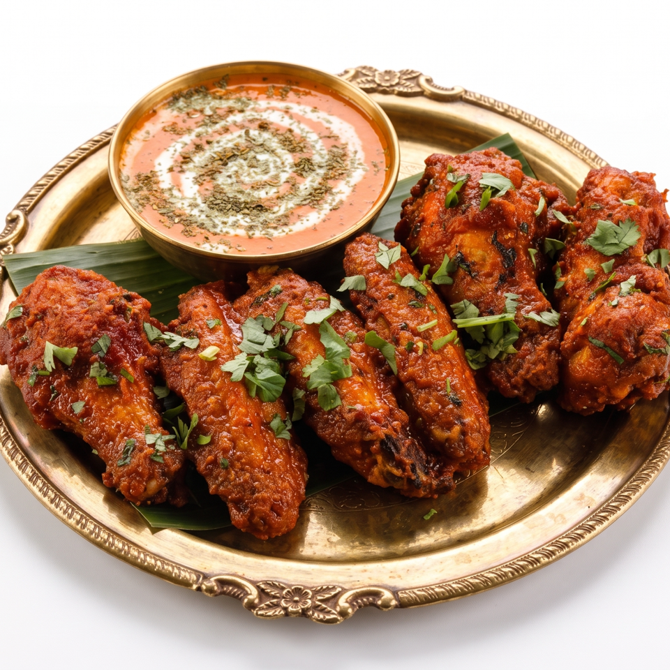 Crispy Indian-style fried chicken pieces garnished with cilantro, served on a gold platter with creamy dipping sauce.