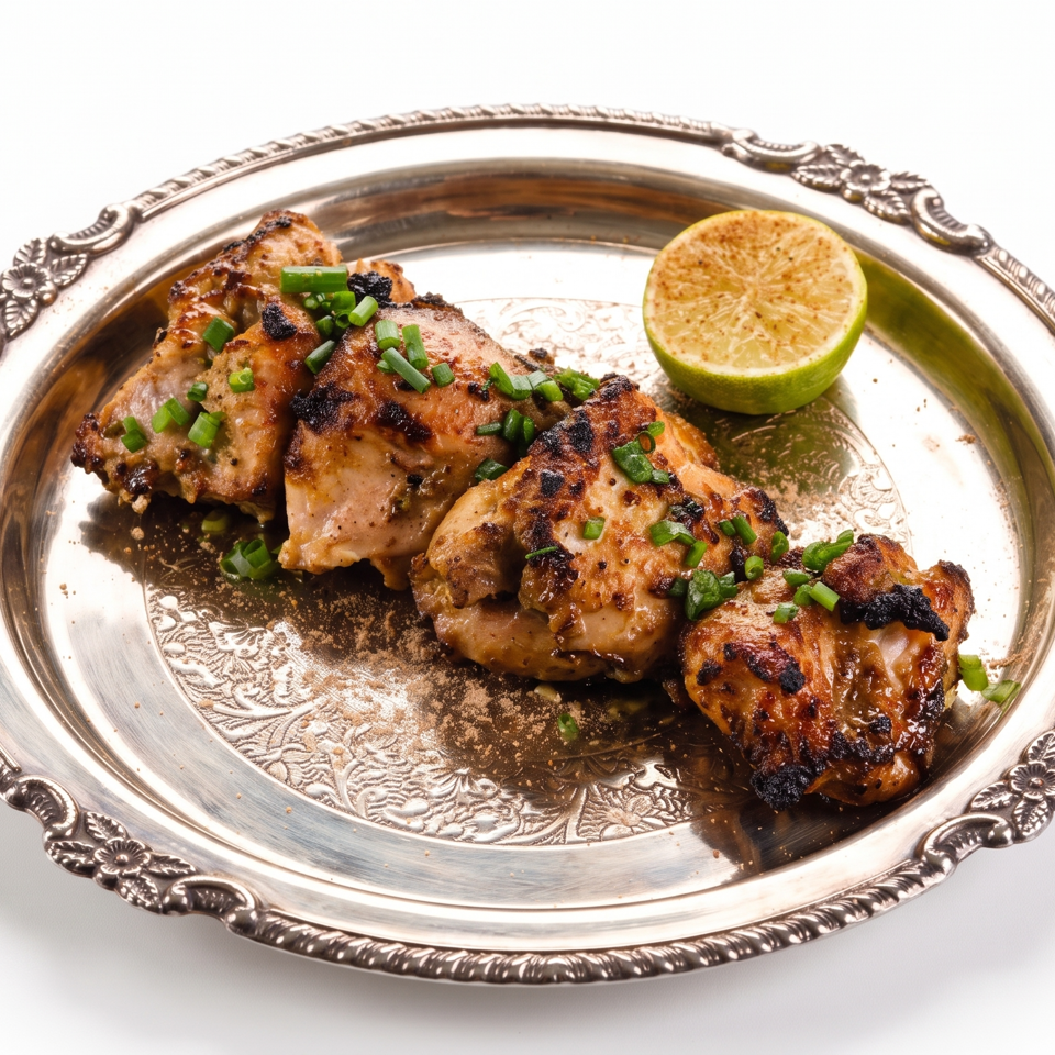 Grilled, charred chicken pieces garnished with scallions and served with a lime half on an ornate silver platter.