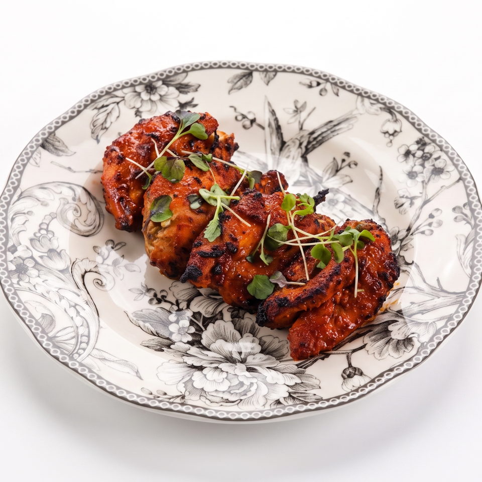 Grilled, spiced chicken pieces topped with microgreens on an ornate floral plate.