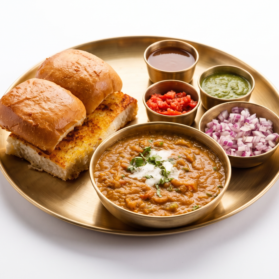 Indian pav bhaji platter with buttered bread rolls, spiced vegetable curry, chutneys, chopped onions, and tomatoes.