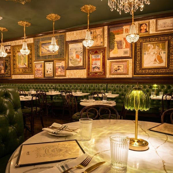 A luxurious restaurant interior with green leather booths, ornate chandeliers, and framed artwork on the walls.