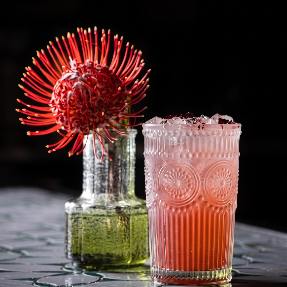 Pink iced cocktail in a decorative glass beside a red pincushion flower in a vase on a reflective table.