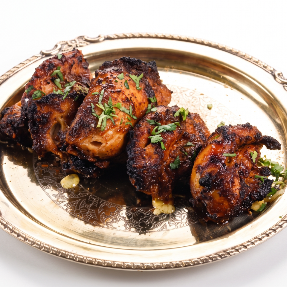 Grilled chicken pieces, charred and garnished with herbs, served on an ornate gold platter.