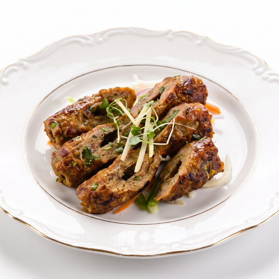 Grilled, sauced meatloaf slices arranged on an ornate white plate with microgreens and shredded vegetables.