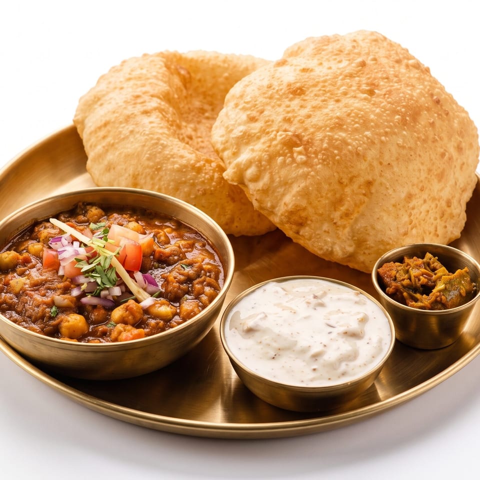 Indian meal platter with puffed puris, chickpea curry, creamy raita, and spicy pickle in brass bowls.