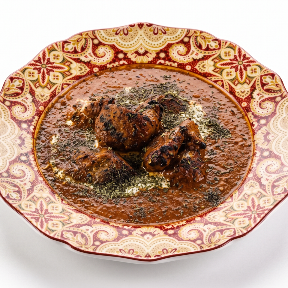 Spiced grilled chicken pieces in rich brown sauce, garnished with herbs, served on an ornate patterned plate.