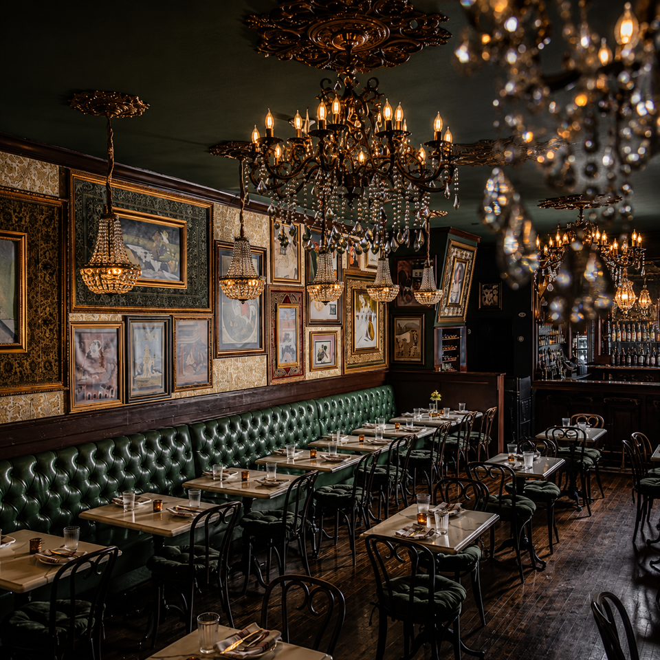 Elegant restaurant dining room with green leather banquettes, set tables, ornate chandeliers, framed artwork, and a fully stocked bar.