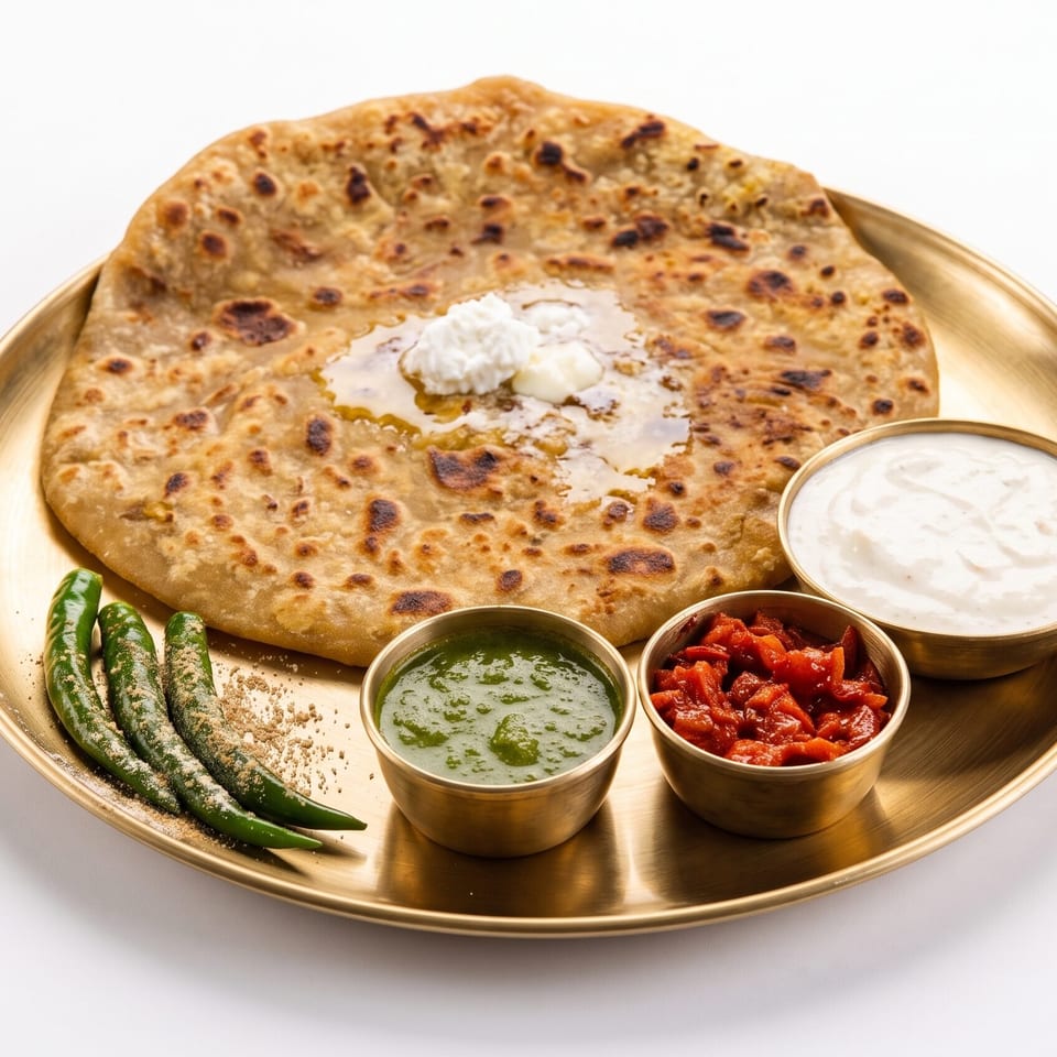 Indian stuffed flatbread served on a brass platter with yogurt, chutney, pickles, and green chilies.