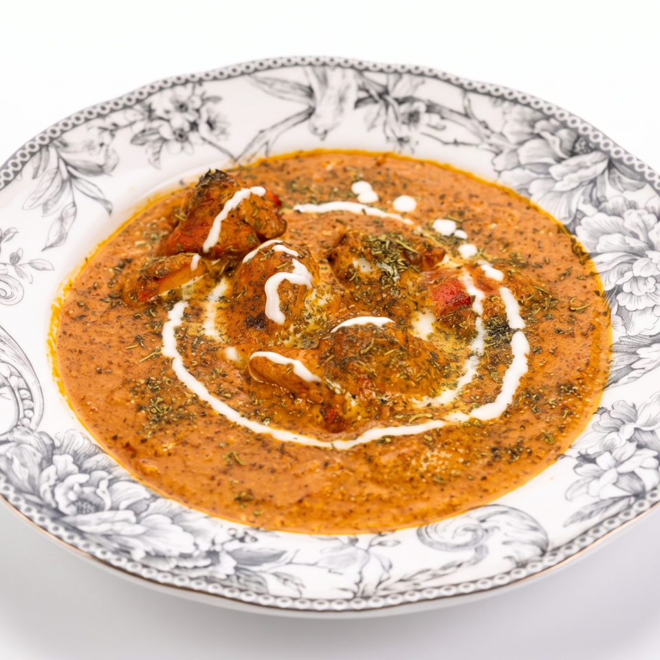 Creamy orange curry with grilled chicken pieces, herbs, and white cream drizzle served on a floral plate.